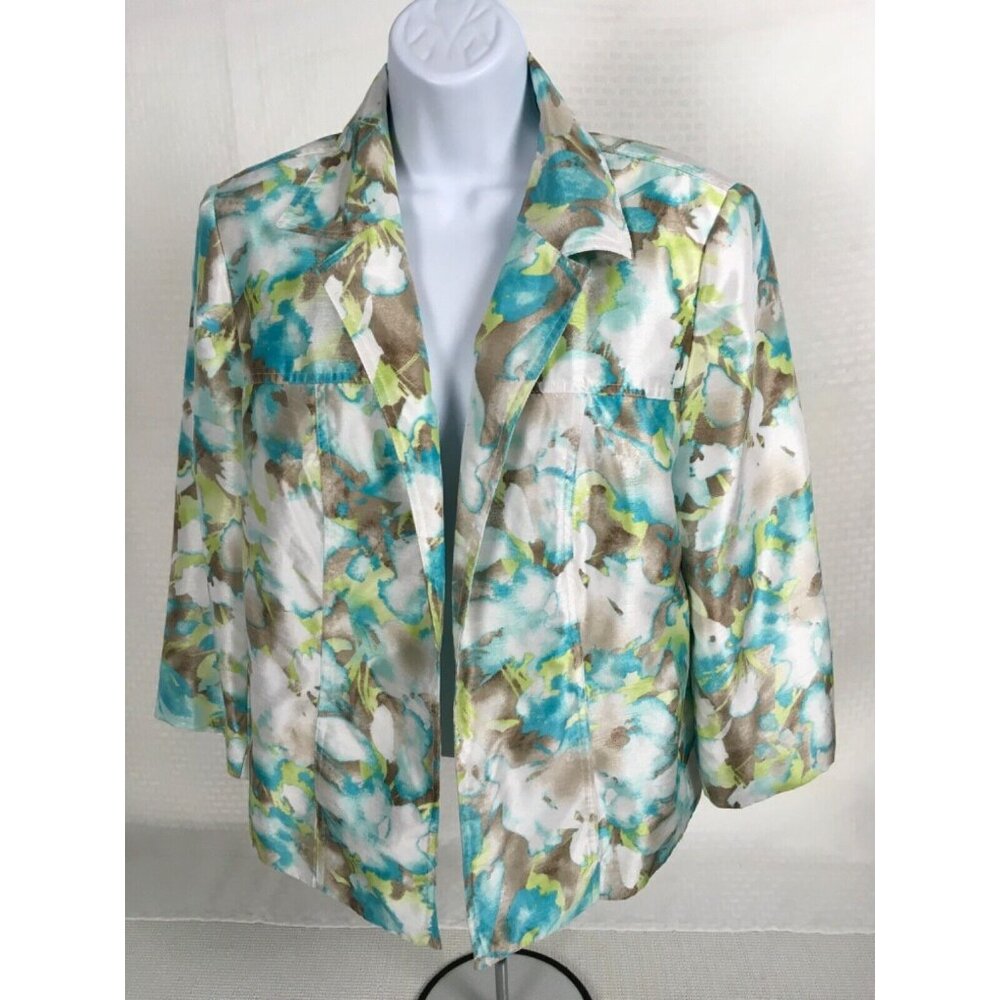 Tan Jay Jacket Blazer Size 12 Blue Brown Green White Lined Open Front Pockets